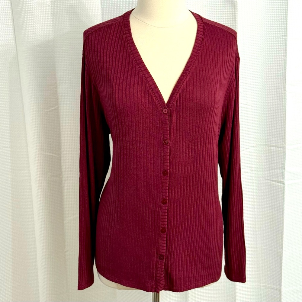 AVA & VIV Women's Long Sleeve Ribbed Front Button V-Neck Cardigan Burgundy Sz 1X